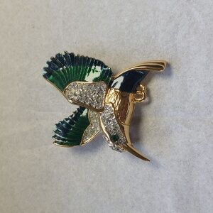 Vintage Rhinestone Enamel Hummingbird Brooch Gold Tone Bird Animal